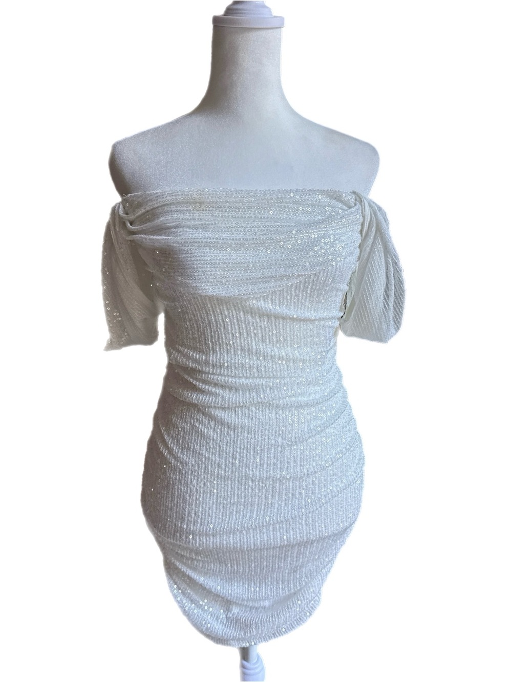 Off-Shoulder White Sequin Mini Dress